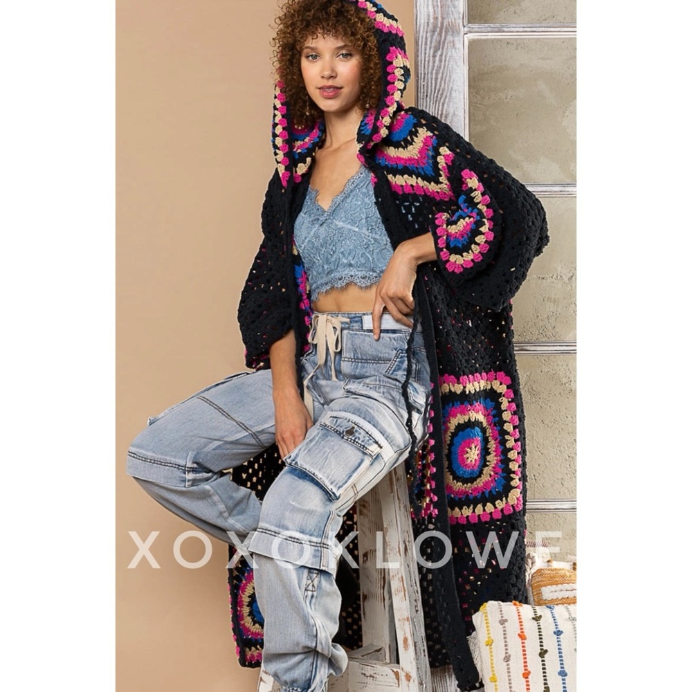 POL Black & Pink Crochet Granny Square Chenille Long Cardigan Relaxed Fit - Picture 15 of 16